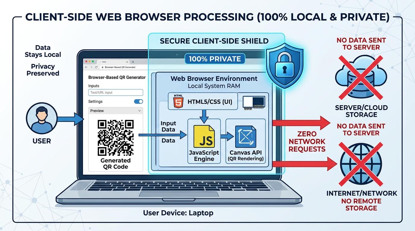 Technical architecture diagram of in-browser client-side QR generation and memory execution ensuring zero server transmission and privacy