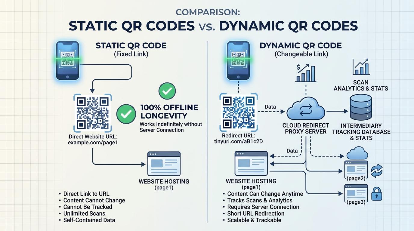 Direct static QR code architecture versus cloud dynamic redirect proxy server comparison