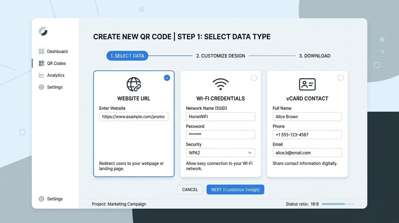 Step 1: Select QR code data payload type including website URL, Wi-Fi credentials, or vCard contact card